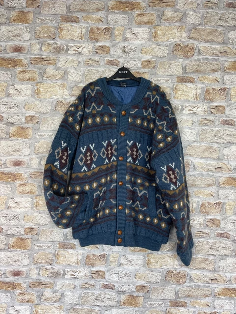 Mens 90s C&A Navajo Cosby knit jacket coat geometric button winter warm large B2