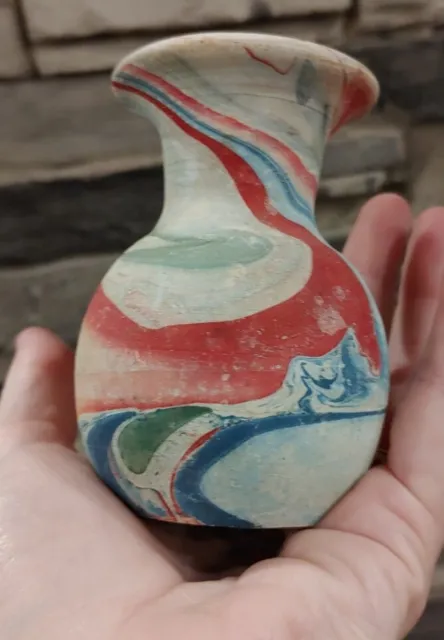 Nemadji Indian Pottery Native Bud Vase USA Blue Red gray Swirl Rushmore ART 3.5"