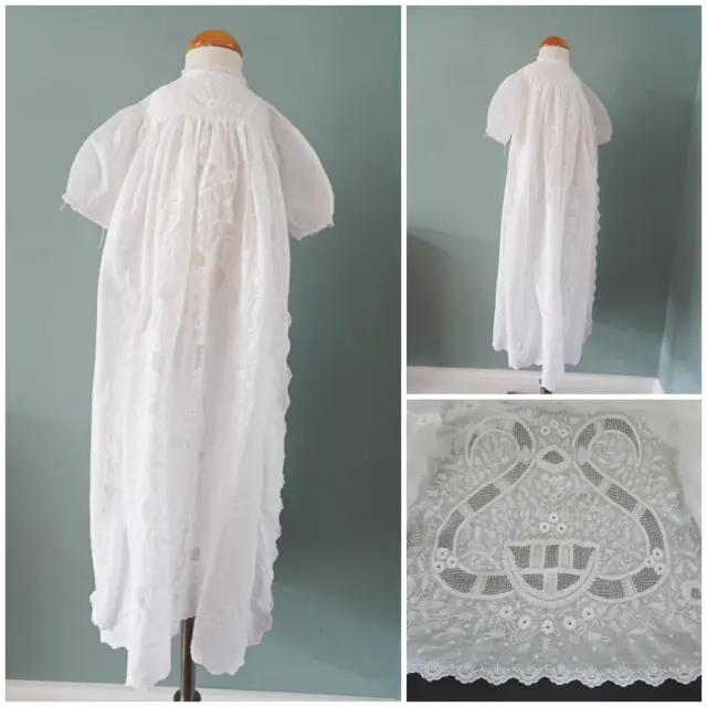 Antique Christening Dress Gown Anglo Indian Chikan Embroidered Babys Baptism