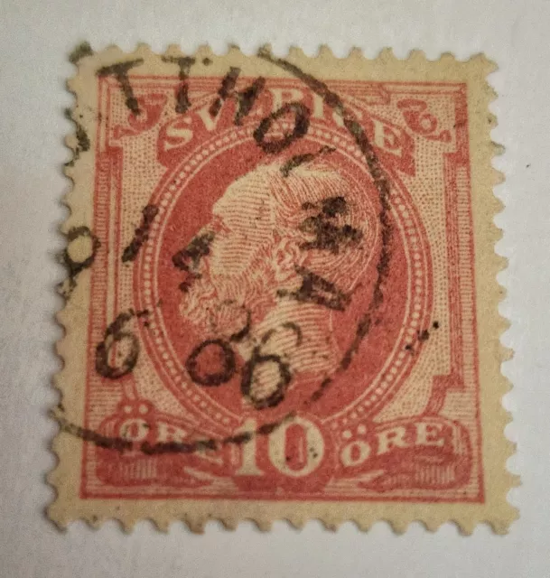 Sweden Sverige King Oscar II 10 Ore Postage Stamp Pale Rose with Postmark Used