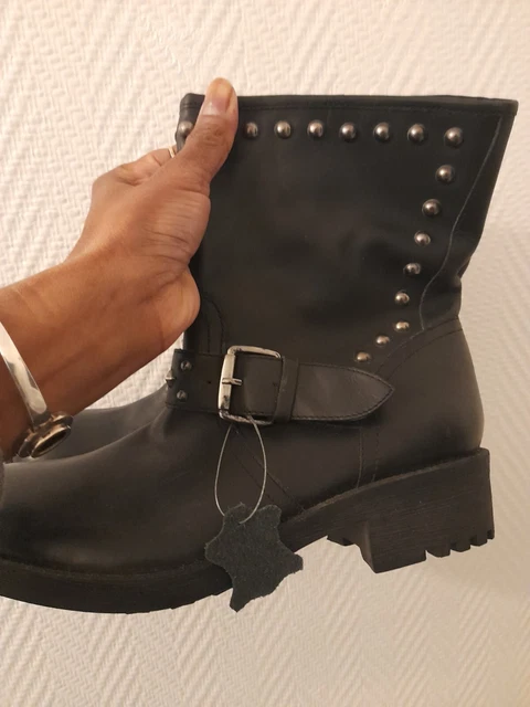 Magnifiques Bottes Cloutées Motards En Cuir Véritable Tissaia P 38 Neuves