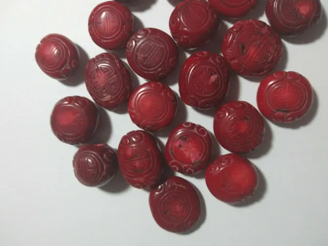 Vintage Natural Hand Carved Red Coral Longevity Beads Not Dyed 5 bead lot