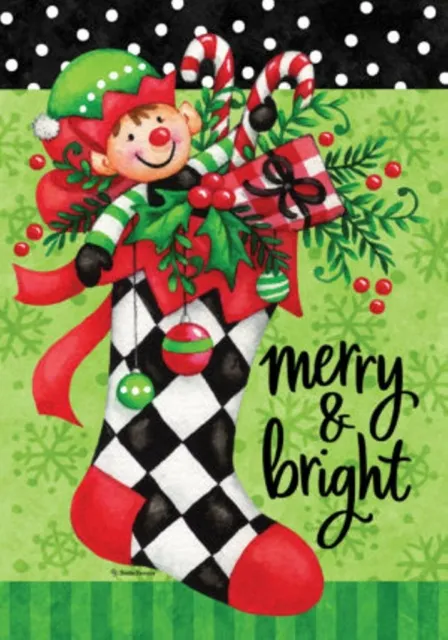 Merry and Bright Christmas Stocking Elf Garden Flag 12"x18" Custom Decor 2 Sided