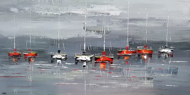 tableau peinture bateaux mer peinture matière, déco art mural, gris rouge blanc