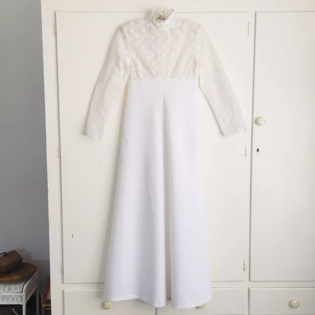 Vintage 60s 70s White Lace Maxi Wedding Dress XS 6 Long Sleeve High Neck