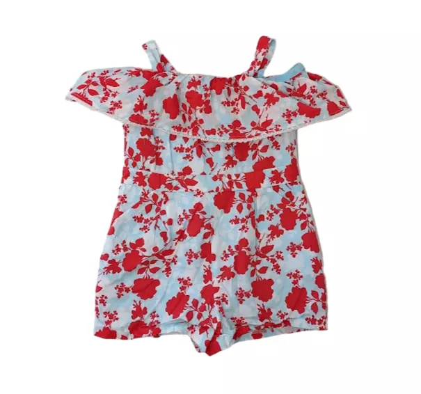 Janie and Jack Girls Blue Red Floral One Piece Romper Size 2T 100% Cotton Ruffle