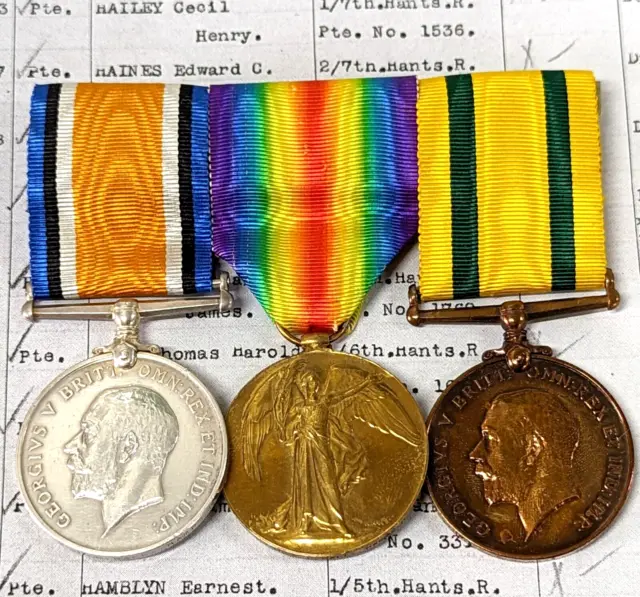7Th Hampshire Regiment India Ww1 Territorial Army War Medals 1594 F G Hall