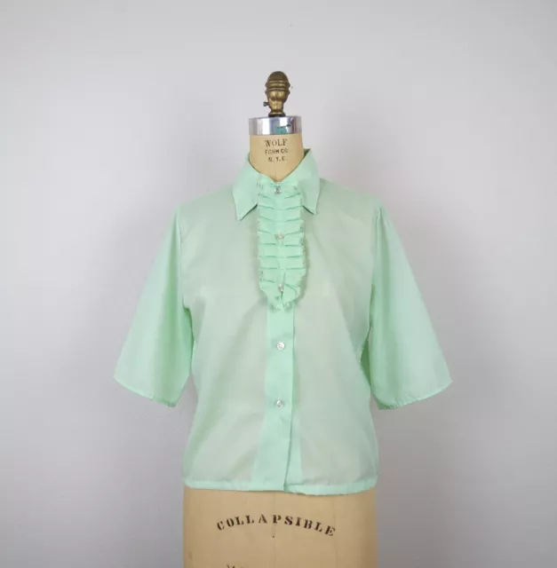 Vintage 1970s dagger collar blouse ruffle front button up green medium