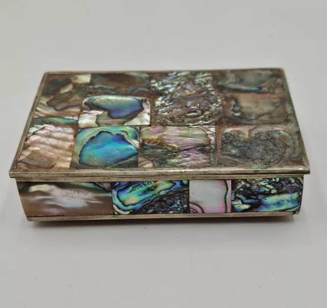 Vintage Silver Abalone shell Mosaic Jewelry Trinket Box Beautiful Mexico Signed