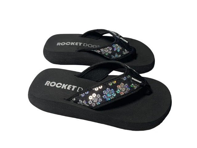 Rocket Dogs Black Silver Sequins Sparkly Flip Flop Slip On Shoes Girls Youth 13