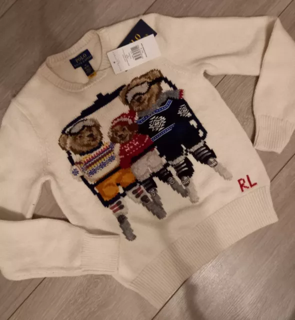 Ralph Lauren Polo Bear Family 2 Sided Cream Knitted Intarsia Jumper 8-10 Years M