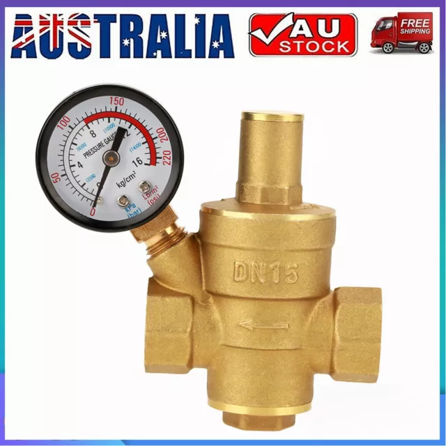 DN15 Brass Adjustable Water Pressure Regulator Reducer With Gauge Meter.