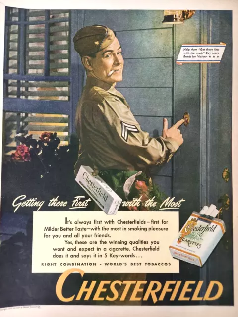 WWII Soldier Smoking Chesterfield 1944 Vintage Magazine Print Ad