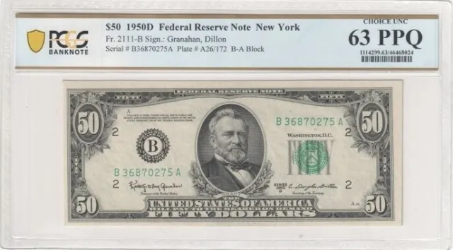 1950D New York $50 Note Very Rare - PCGS Graded Choice UNC 63 PPQ
