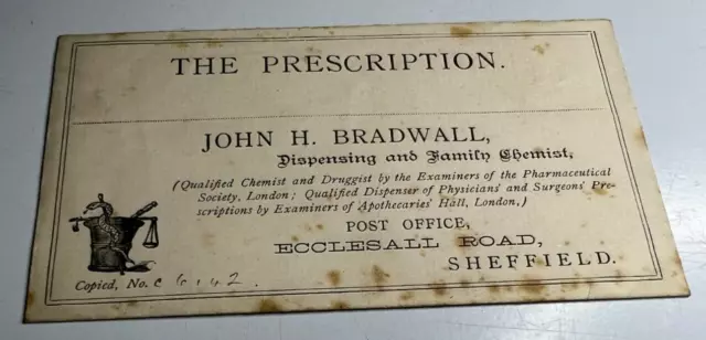 Antique Prescription Envelope  John H Bradwell Chemist Eccleshall Rd Sheffield