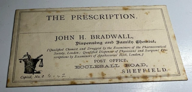 Antique Prescription Envelope  John H Bradwell Chemist Eccleshall Rd Sheffield