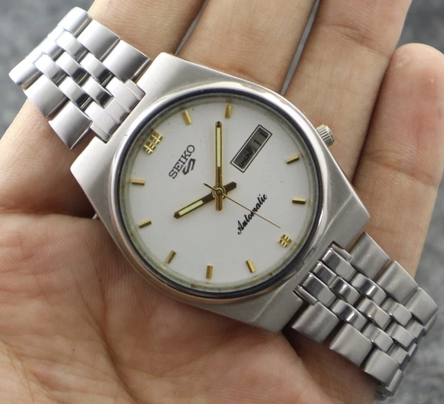 Vintage Seiko 5 Automatic Men Watch D/D 21J 7019 White Dial "Men's Watch" 80's