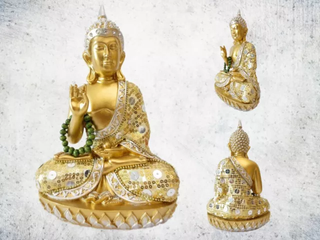 Wunderschöne große BUDDHA Skulptur mit echtem Stoff gold Figur Deko Geschenk SD