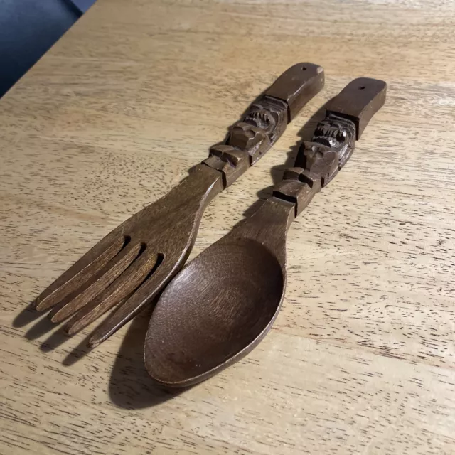 Vintage 80s Wooden Tiki Fork and Spoon Salad Set kitchen ware barware wall art