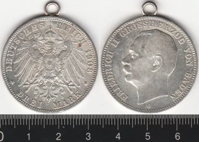 Germany - Baden : 1908G Three Marks silver Drei Mark Deutsches Reich pendant