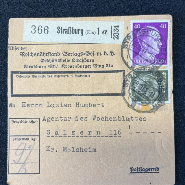 DR Besatzung 2.WK - Elsass - Paketkarte MiF Straßburg 29.12.1941 - A246