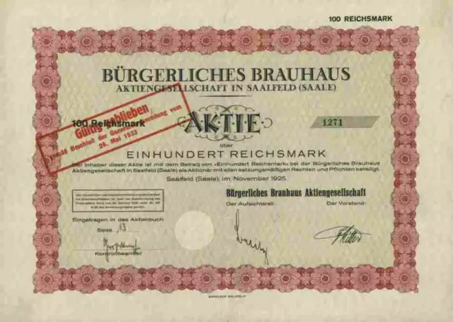 Bürgerliches Brauhaus AG 1925 Saalfeld Meiningen Thüringen Riebeck Leipzig Kupon