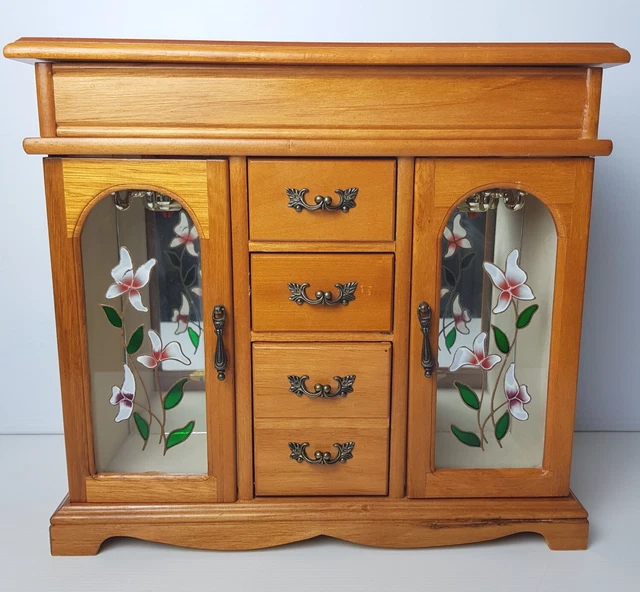 VINTAGE Solid Wood Two Door Jewellery Box With Drawers Floral Glass H30.5cm