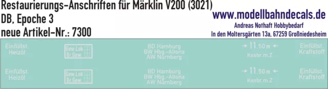 00-Restaurierungs-Decals für Märklin V 200 (3021), Top! Neu 087-7300