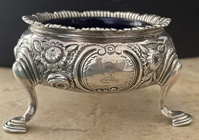 Georgian Silver Footed Repousse Salt Cellar W/ Cobalt Glass Liner Heraldic Mark