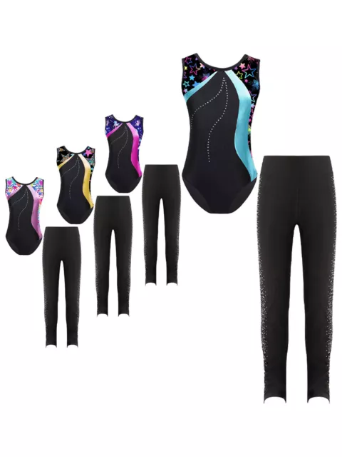 Kids Girls Dancewear With Leggings Outfits Shiny Set Patchwork 2Pcs Dancing