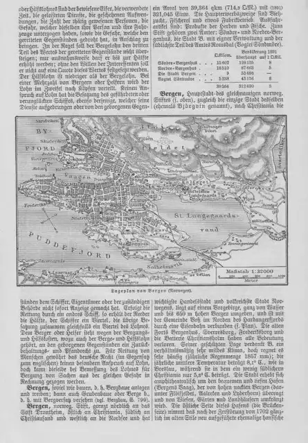 Bergen und Umgebung Norwegen Original Karte von 1897 Fløyen Vaagen Puddefjord