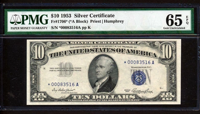 Fr.1706* 1953 $10 SILVER CERTIFICATE "STAR"  PMG 65EPQ GEM NEW UNCIRCULATED RARE