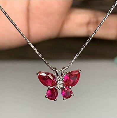4Ct Rose Pendentif Papillon avec Diamant & Rubis Pour Femme 14k or Blanc