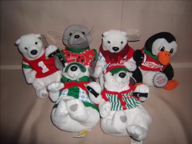 Lot Of 6 Vintage 1999 Coca Cola Bean Bag Beanie Plush Polar Bear Seal Penguin