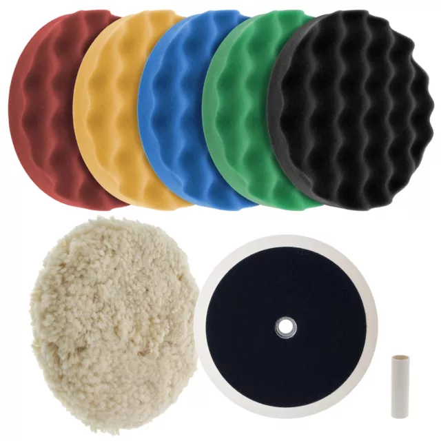 Waffle Foam & Wool Buffing & Polishing Pad Kit w/ 6 - 8" Pads Grip Backing Plate