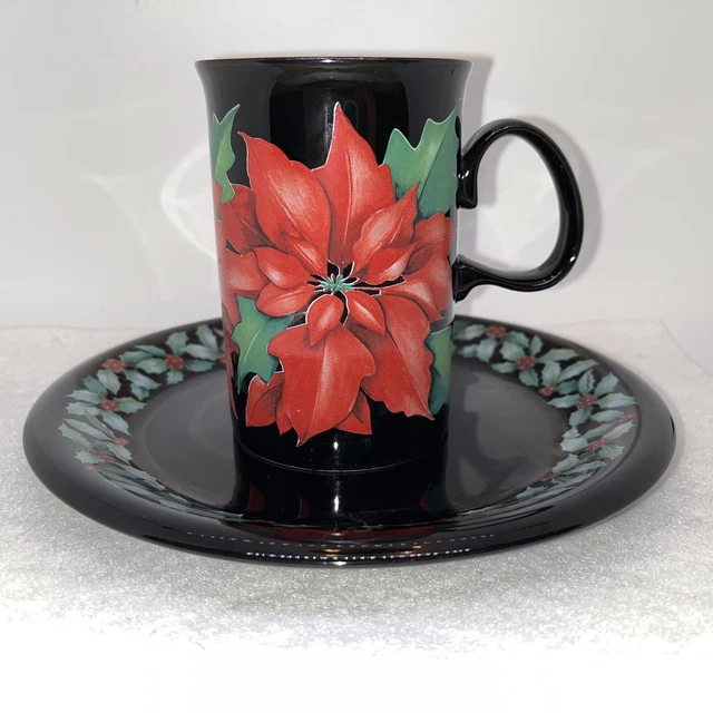 Dunoon Poinsettia Coffee Cup Mug & Plate Black, Red, Christmas Holiday, Scotland