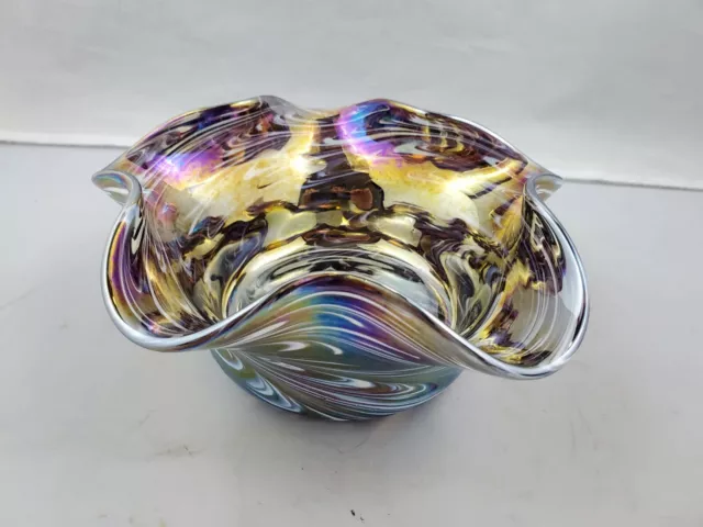 Vtg. New Orleans Signed Hand Blown Dichroic Metallic Art Glass Candy Dish Bowl
