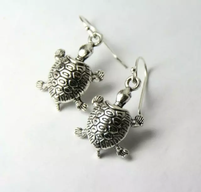 Turtle Charm Earrings Turtles .925 sterling silver hooks pewter charms 1 1/4"