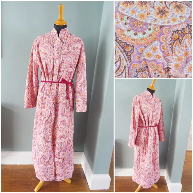 Vintage 1960s Dressing Gown Quilted House Coat Pink Paisley Nylon Ladies 60s