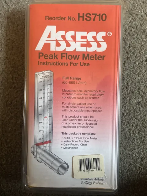 Assess Peak HS710 Flow Meter & 2 Mouthpieces Full Range 60-880 L/Min Asthma