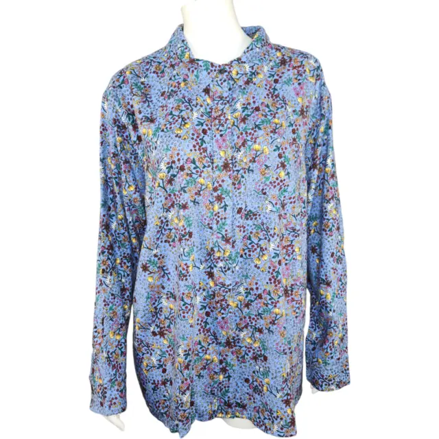 Lands' End Womens 20W French Blue Floral Button Up Long Sleeve Shirt Collar NWT