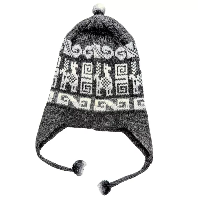Peruvian Chullo  Beanie Pom Pom Alpaca Tassel Grey Geometric New Soft Knit Hat