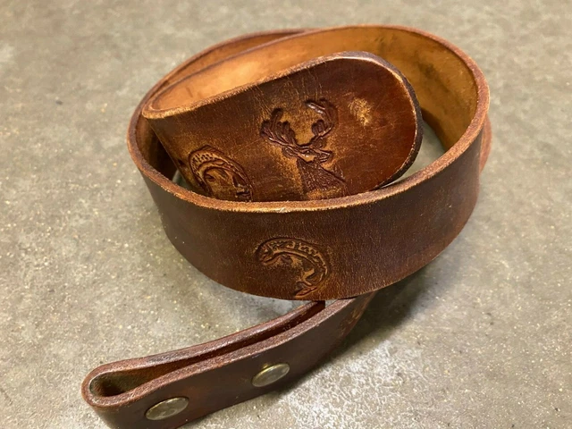 Hand-Tooled Brown Leather Belt Fishing Hunting Salmon Buck Deer 42" Long