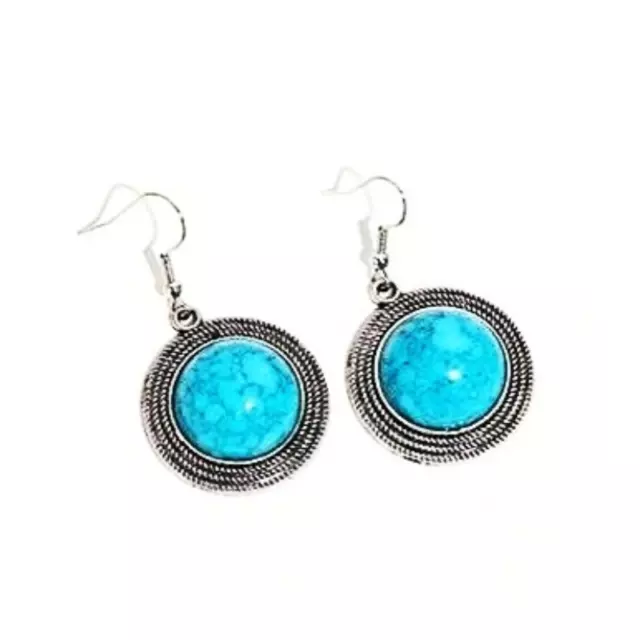 Women 925 Silver Turquoise Dangle Ear Hook Boho Drop Earrings Wedding Jewelry