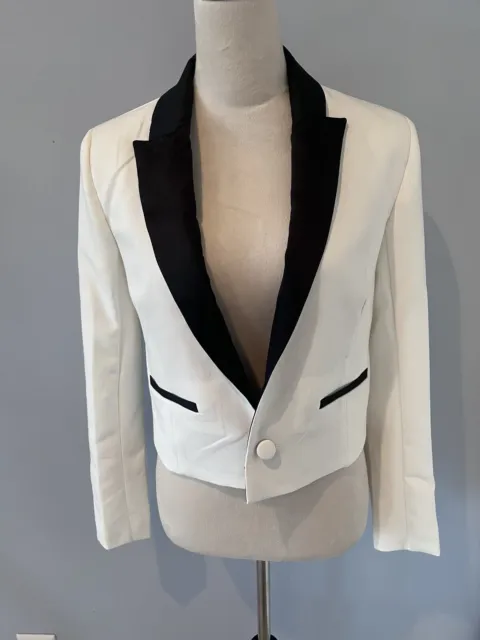 NWT $385 Jason Wu White Tuxedo Cropped Blazer with Black Satin Collar Sz Small