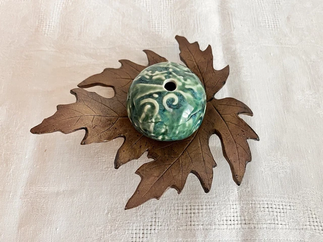 Studio Art Pottery Oak Leaf Incense Burner Holder or Seed Pot Signed