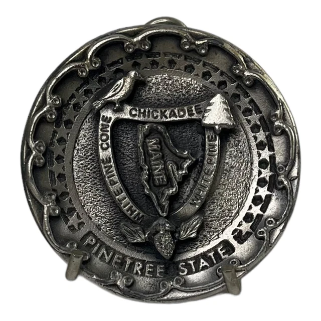 Maine Pine Tree State Chickadee Pine Cone 1.5 Inch Vintage Pewter Plate
