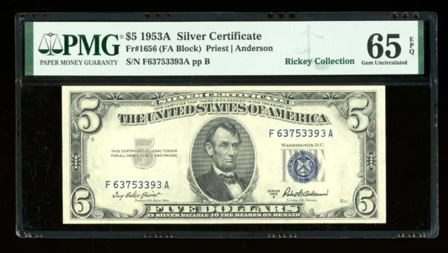 DBR 1953-A $5 Silver Gem Fr. 1656 FA Block PMG 65 EPQ Serial F63753393A
