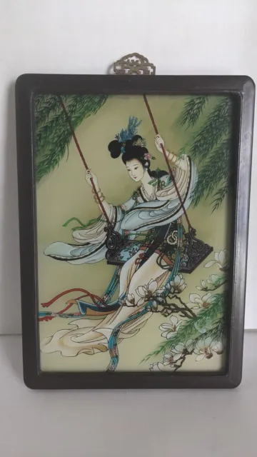 Meiji Era Japanese Geisha Girl Reverse Painting,  Vintage Framed 10.5"w x15"L