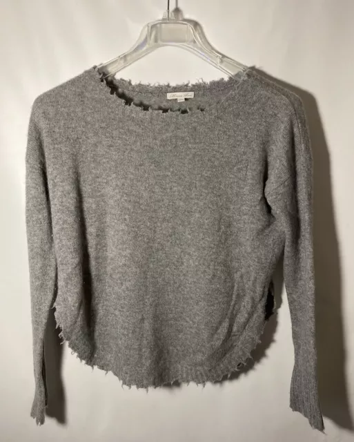 Minnie Rose Womens S 100% Cashmere Frayed Edge Sweater in Gray